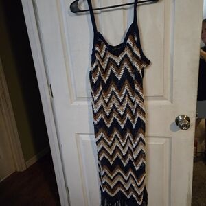 Almost Famous Zigzag Knit Midi Dress - Navy, Brown, Cream